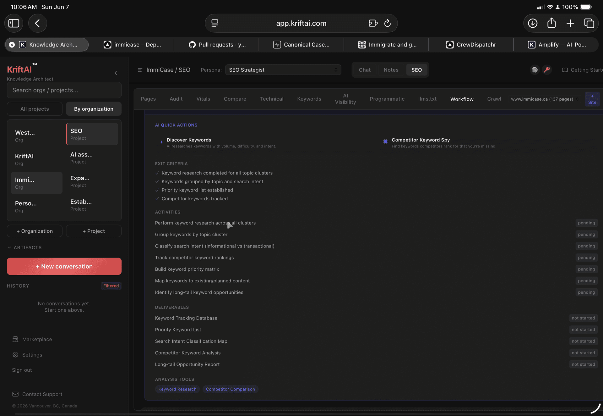 Keyword research stage — competitor analysis, search intent classification